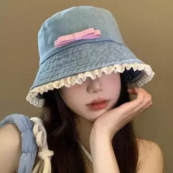Бантик из кружева джинсовая шляпа-ведро женская ретро-шляпа-ракушка солнцезащитный козырек солнцезащитная шляпа-ведро прилив average size ( синий