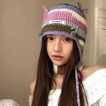 Бантик контрастные полосы вязаная шерстяная шапка детская осень и зима теплые наушники показать маленькое лицо M56-58cm