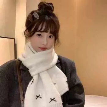 Бантик Маленький Аромат Милый Шарф Женский Сезон Студент Теплый Вязаный Шея бежевый