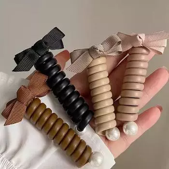 Бантик плетеный телефонный провод резинки для волос, спиральные резинки для волос телефонный шнур с жемчугом, водонепроницаемая высокоэластичная резинка для волос розовый