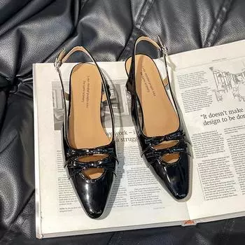 Бантик полые женские неглубокие сандалии летняя мода универсальные с острым носком темперамент низкий каблук пустая сумка голова прохладные шлепанцы 35