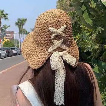 Бантик соломенная шляпа для отдыха на море летняя шляпа с большими полями для пляжа иностранный стиль мода знаменитостей в Интернете универсальная солнцезащитная шляпа Adjustable (54-60cm) бежевый