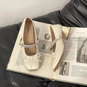 Бантик толстый каблук высокие каблуки женские летние новые туфли-лодочки с квадратным носком и стразами с неглубоким вырезом Мэри Джейн 35