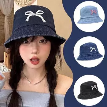 Бантики джинсовая панама женская широкополая шляпа от солнца весенняя однотонная рыбацкая летняя цветная кепка козырьки Bas C4E5 Light blue-1pc