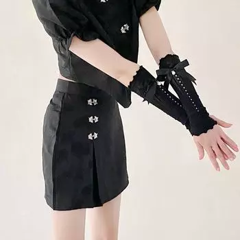 Банты Лолиты Кружево на манжетах Легче всего сочетать Японский стиль Сладкие и милые Перчатки с бусинами Черные Чистые Принцессные Нарукавники Black bead Bows sleeve All yards