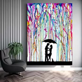 Бэнкси Радуга Капли Дождя Пара Зонтик Граффити Картина Абстрактная Холст Wall Art Плакат Печать для Дома/Офиса Декор Комнаты Подарок 21x30 cm No Frame