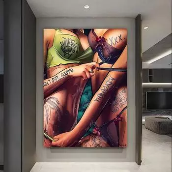 Бэнкси Стиль Татуированная Женщина Художественный Плакат Холст Картина Обнаженная Настенная Искусства Сексуальная Женщина Картина Печать для Гостиной Домашний Декор Подарок 21X30 cm No Frame