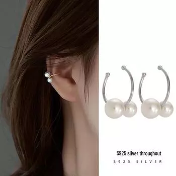 Banyan Tree S925 Серебряный Корейский Двойной Жемчуг Серьги Клипса Для Женщин - Элегантные Непроколотые Украшения Для Ушей ES2063 золотой