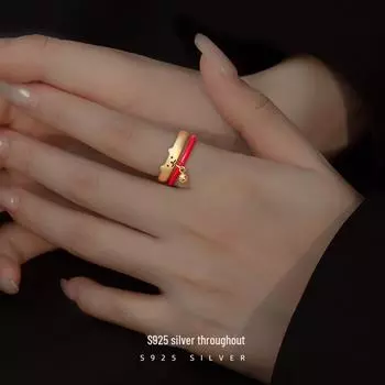 Banyan Tree S925 Серебряный японский кошачий колокольчик с глазурью, набор колец RS741Gold-Red. Adjustable opening