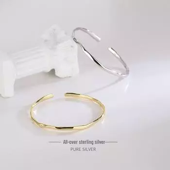 Banyan Tree S925 Silver Adjustable Thin Open Bracelet: Japanese & Korean Style, Smooth & Irregular Design for Women BAS054 белого золота