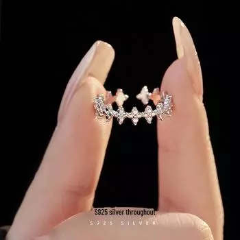 Banyan Tree S925 Silver Four-Leaf Clover & Star Ring, Light Luxury Design with Diamond Inlay for Women RS1019 золотой