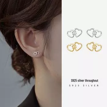 Banyan Tree S925 Silver Fresh Double Heart Earrings for Women silver plated with gold золотой