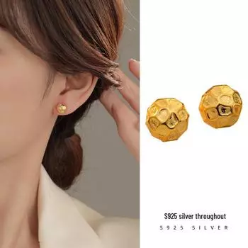 Banyan Tree S925 Silver Gold-Plated Hammered Texture Round Earrings for Women - High-End Autumn/Winter Fashion ES2588 серебряный