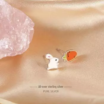 Banyan Tree S925 Sterling Silver Asymmetrical Rabbit & Carrot Earrings - Korean Style, Simple & Cute. ES557 белого золота