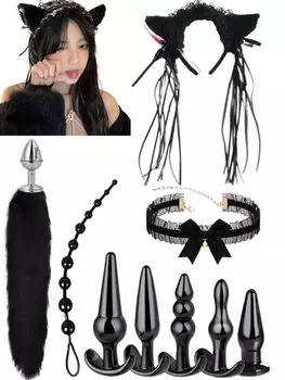 BAOQISHAN 9 Piece Set SM Cosplay Anal Plug Tail Collar Human SM Cat Ears Headband Choker Women Anal Plug Development Beginner Anal Expansion Chain