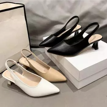 Baotou Back Empty Sandals High Heels Женские толстые каблуки Весна Новые Одиночные туфли Острый нос Черные рабочие туфли Высокий каблук 36 чёрный