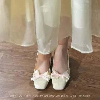 Baotou back empty sandals square head high heels women s thick heel gentle style bow middle heel single shoes with skirt 35 слоновая кость