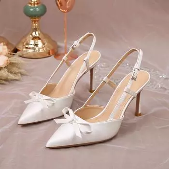 Baotou back empty stiletto sandals women s summer new white satin pointed back strap high heels banquet with skirt 35 белый