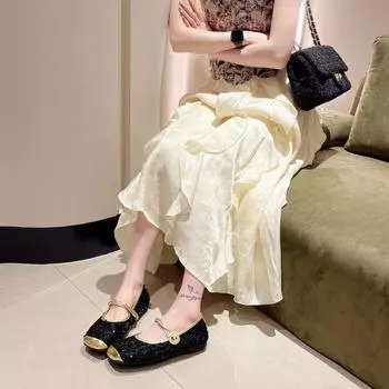 Baotou cool slippers for women to wear 2024 new summer French small fragrant style with Mary Jane single shoes for women 35 чёрный