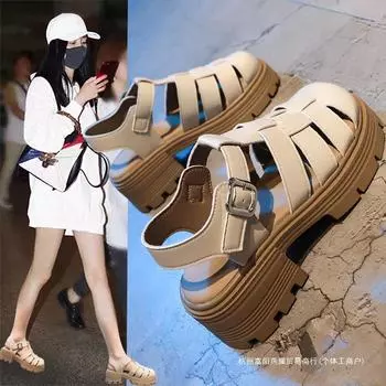Baotou drag thick-soled Roman sandals women s summer 2024 breathable Velcro French hollowed-out thick-heeled pig cage shoes 35
