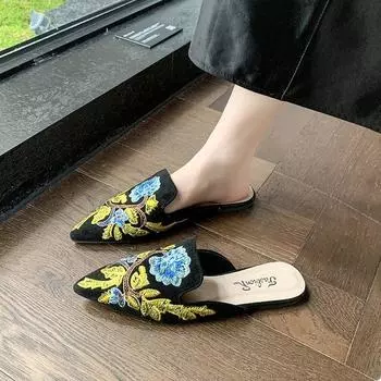 Baotou embroidered half slippers women s spring and summer outer wear fashionable pointed flat bottom embroidered shoes versatile 35