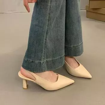 Baotou empty single shoes women s summer new French pointed one-word buckle sandals women s fashion high heels women s middle heel 35