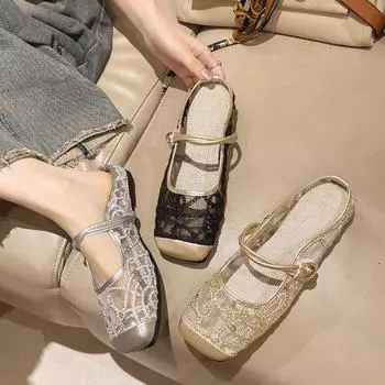 Baotou плоские женские полутапочки новые летние туфли 2024 года женские модные слипоны мюли тапочки сетчатые дышащие ретро-слайды 35 золотой