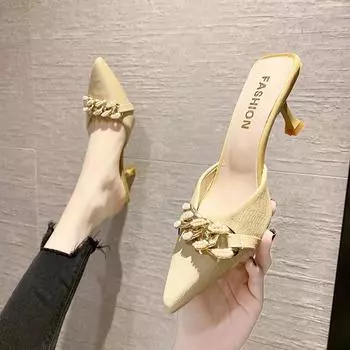Baotou half drag 2024 summer new outer wear Korean version high heels stiletto shoes women s metal buckle pointed fashion women s shoes 35