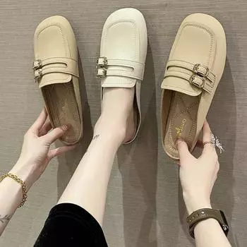 Baotou Half Drag 2024 Весна Мягкая подошва Тапочки Ремень Пряжка Плоские Тапочки Сандалии Женщина 35 бежевый
