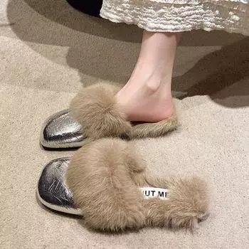 Baotou half-drag flat-soled fluffy shoes with one pedal without heel, small fragrant style Muller shoes for women s autumn and winter wear 2024 n 35