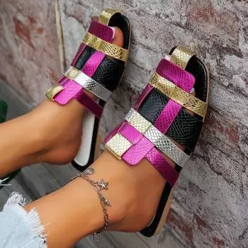 Baotou half-drag женские тапочки 2025 года лета новые европейские и американские тапочки с плоской подошвой женские цветные тапочки с мягкой подошвой и квадратным носком 36