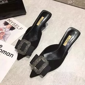 Baotou Half Slipper Clogs Shoes Women Slipper Stiletto High Heels Shoes Korean All-Match Pumps Luxury Square Rhinestones Mules Shoes 34 чёрный