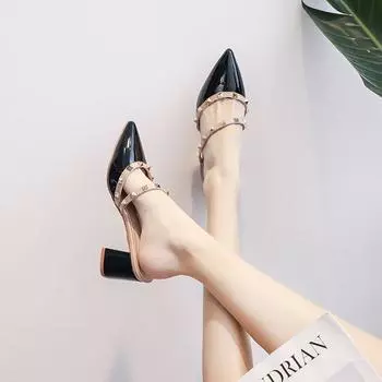 Baotou half slippers outer wear spring and summer new medium thick heel pointed sandals rivet high heels single shoes 35 чёрный