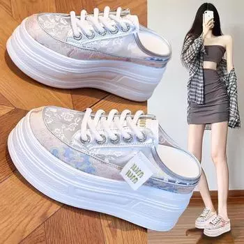 Baotou half slippers summer 2025 new mesh breathable outer wear thick bottom inner height increase cool slippers 34