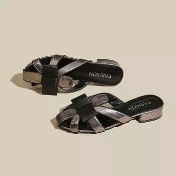 Baotou half slippers women s 2025 new flat-bottomed summer outdoor wear lazy glossy patent leather hollow sandals Korean version 35