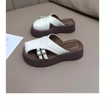 Baotou half slippers women s new leather big head lazy people wear slippers outside muffin platform shoes 35