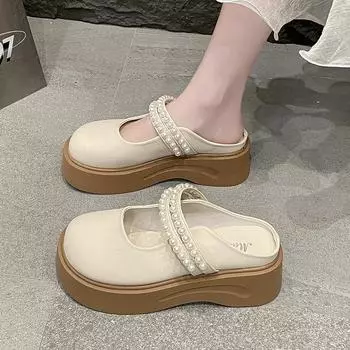 Baotou half slippers women s outer wear spring and summer new pearl thick-bottomed Mary Jane cool slippers 35