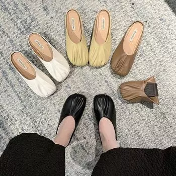 Baotou half slippers women s outer wear 2025 summer new sandals flat bottom pleated grandma shoes shallow mouth Doudou single shoes soft sole 35