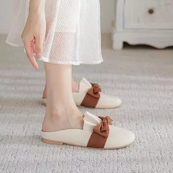 Baotou half slippers women s outer wear 2024 autumn new bow fashion Muller French flat shoes sandals 33 абрикосовый