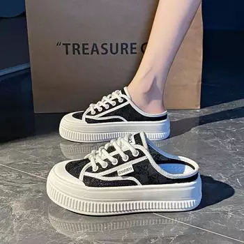 Baotou half slippers women s outer wear 2025 summer new versatile lazy platform canvas small white cool slippers sandals 35