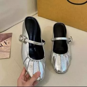 Baotou half slippers women s summer outer wear sheepskin inner height increase small lazy pedal silver Mary Jane women s shoes 34