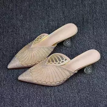 Baotou half slippers women s summer spot new mesh rhinestone pointed heel Internet celebrity high heel fashion sandals 34