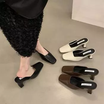 Baotou half slippers women s summer wear 2025 new thick heel high heels French muller shoes high-end cool slippers 35 чёрный