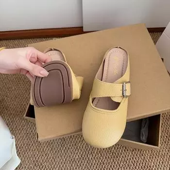 Baotou half slippers women s summer wear 2025 new Korean version soft leather comfortable muller shoes women s flat lazy casual shoes 35 светло-желтого