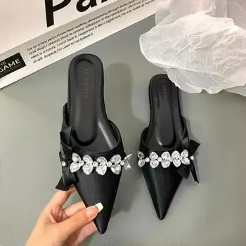 Baotou Half Slippers женские летние новые остроносые босоножки с мелким носком и блестками на низком каблуке модная женская обувь 35 чёрный