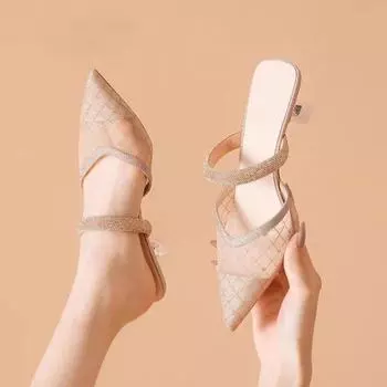 Baotou high-heeled half-drag shoes for women in summer, thin-heeled sandals, new mesh sandals for women 34 шампанского