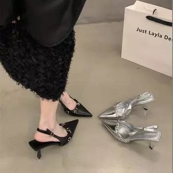 Baotou high-heeled sandals shallow mouth spring 2024 new models empty thin heels temperament socialite pointed single shoes women s shoes 35 чёрный