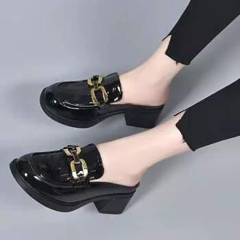 Baotou high-heeled sandals women s new cow patent leather metal buckle fashion shoes thick heel 34