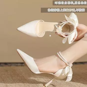 Baotou high-heeled sandals women s summer 2024 new pointed-toed thin-heeled lady temperament French one-word strap high heels 34