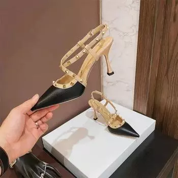 Baotou High Heels женские летние новые остроносые босоножки с заклепками и пряжкой в одну линию 35